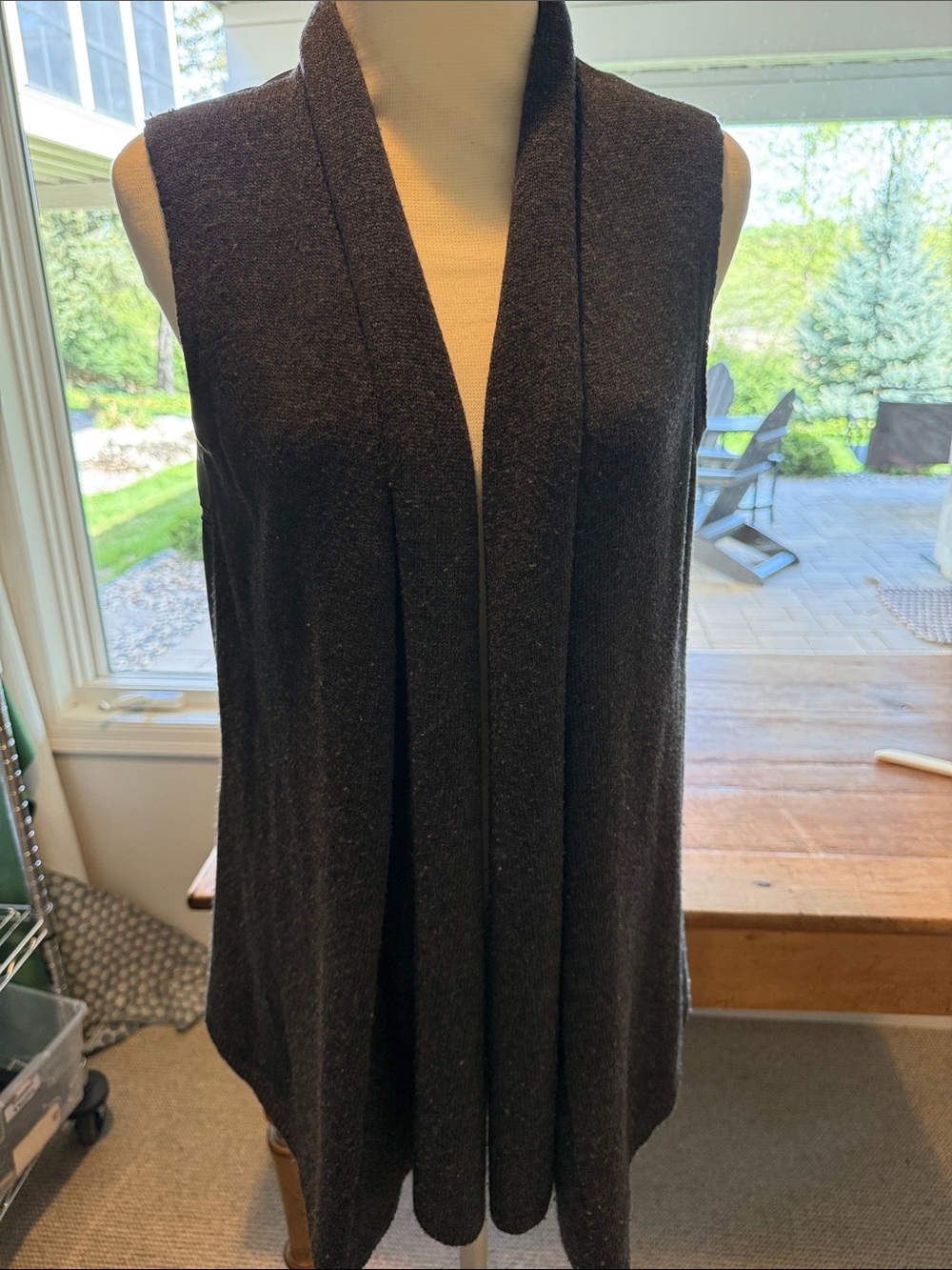 Lafayette 148 New York grey knit with Black pleather Sleeveless Open-Front Vest